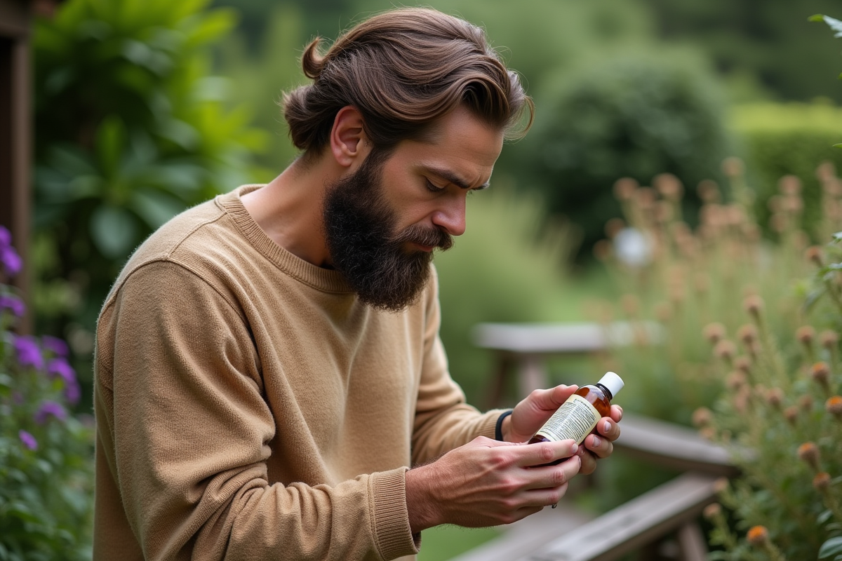 Homme dans un jardin botanique inspectant une bouteille cosmétique