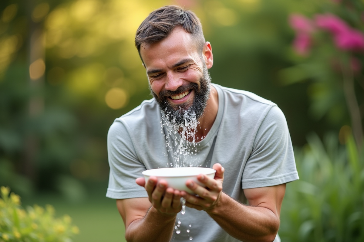 Homme se rafraichissant le visage dans un jardin