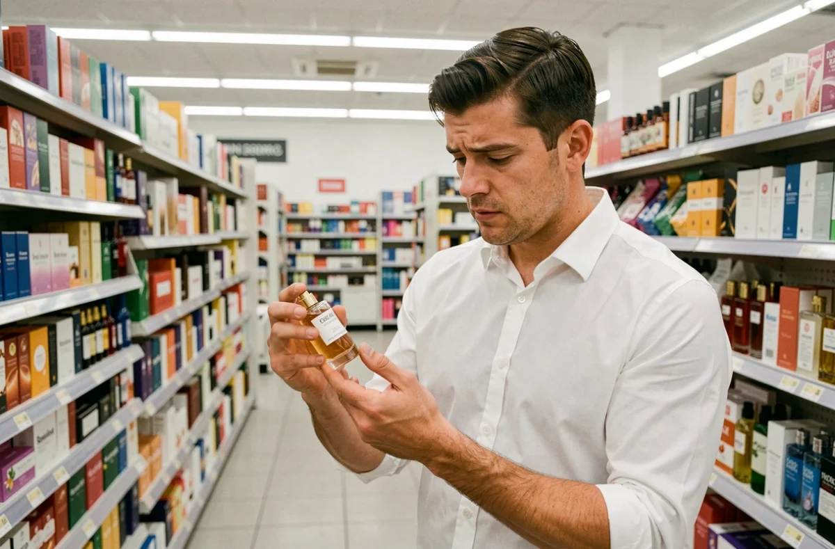 Homme lisant l'étiquette d'un parfum Lidl dans le rayon d'un supermarché discount