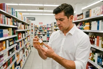 Homme lisant l'étiquette d'un parfum Lidl dans le rayon d'un supermarché discount