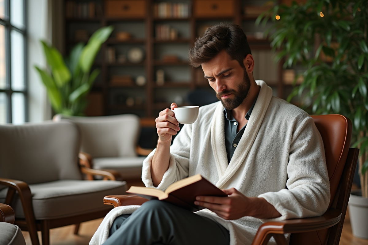 Homme confiant en robe en intérieur cosy