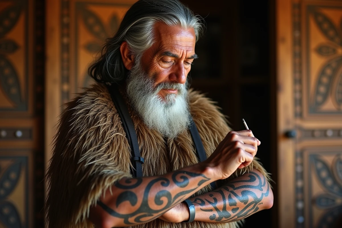 Homme Maori âgé regardant son tatouage sur le bras