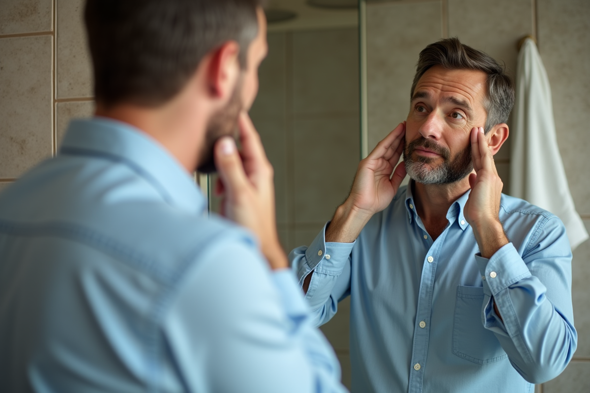 Homme se massant le visage dans une salle de bain