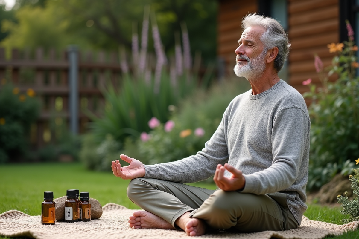 Homme méditant dans un jardin avec huiles et pierres naturelles