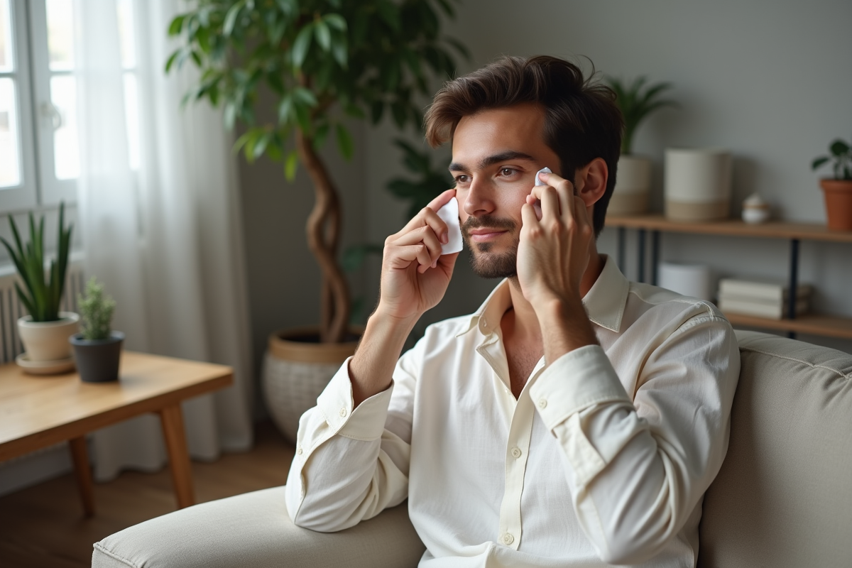 Homme nettoyant son visage avec un coton dans un salon moderne