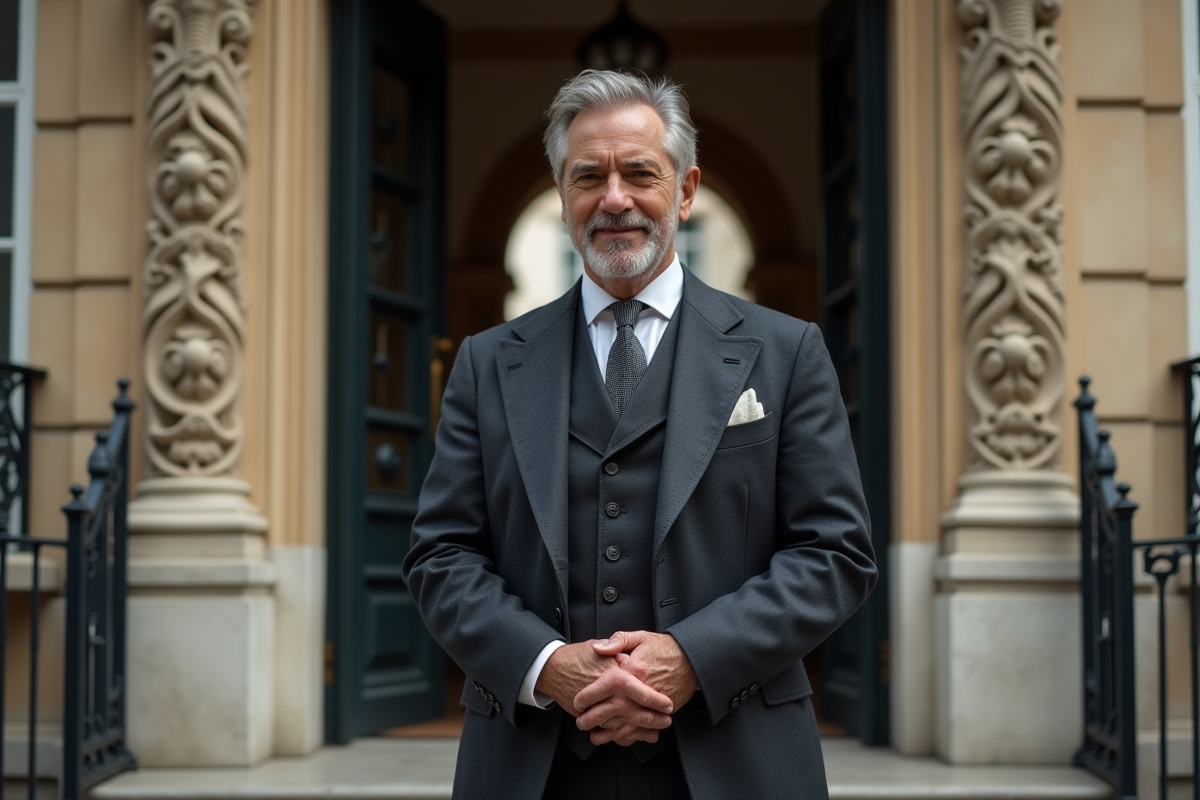 Homme en costume devant une maison parisienne ancienne