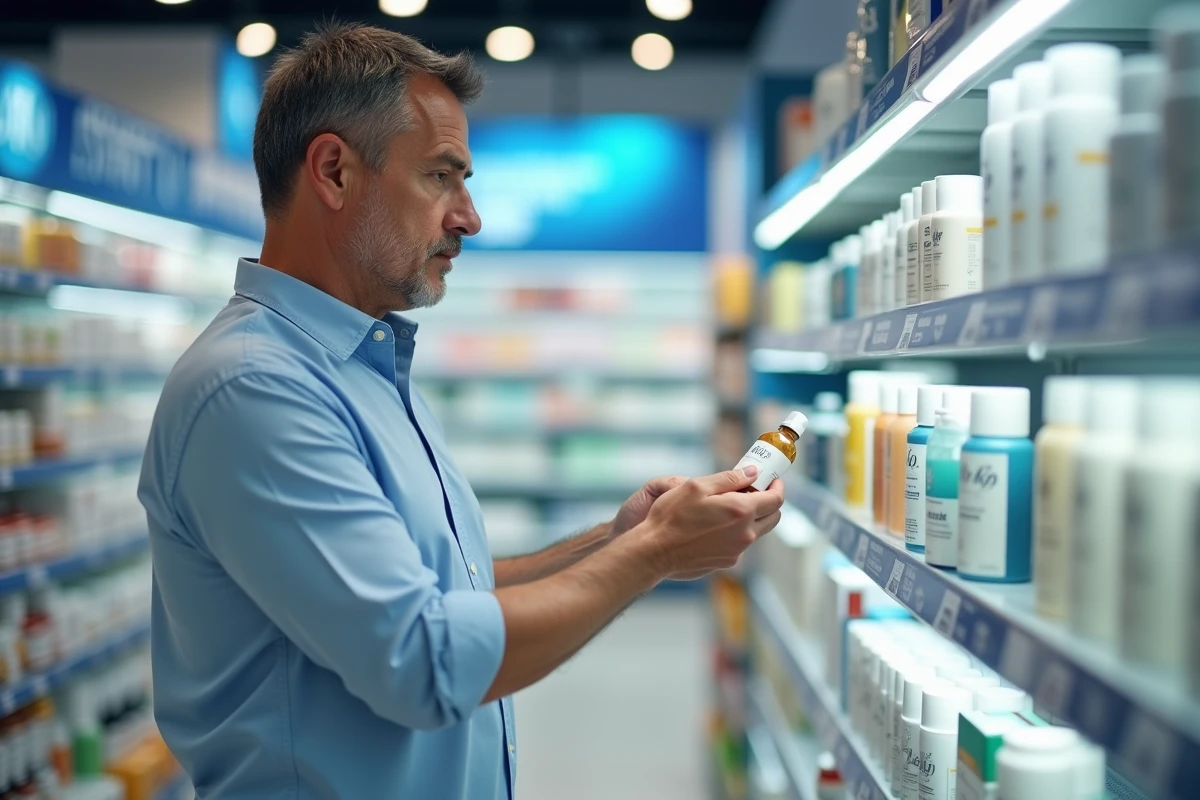 Homme regarde une rangée de sérums en pharmacie