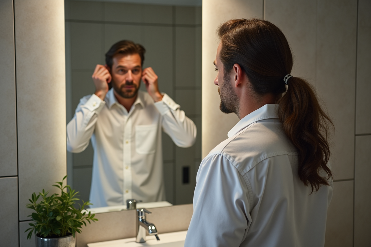 Homme en loungewear attachant sa queue de cheval dans la salle de bain