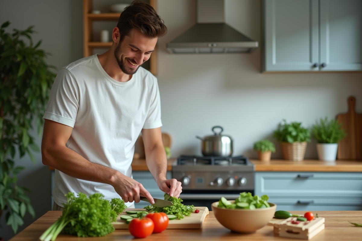 Jeune homme préparant une salade dans une cuisine moderne