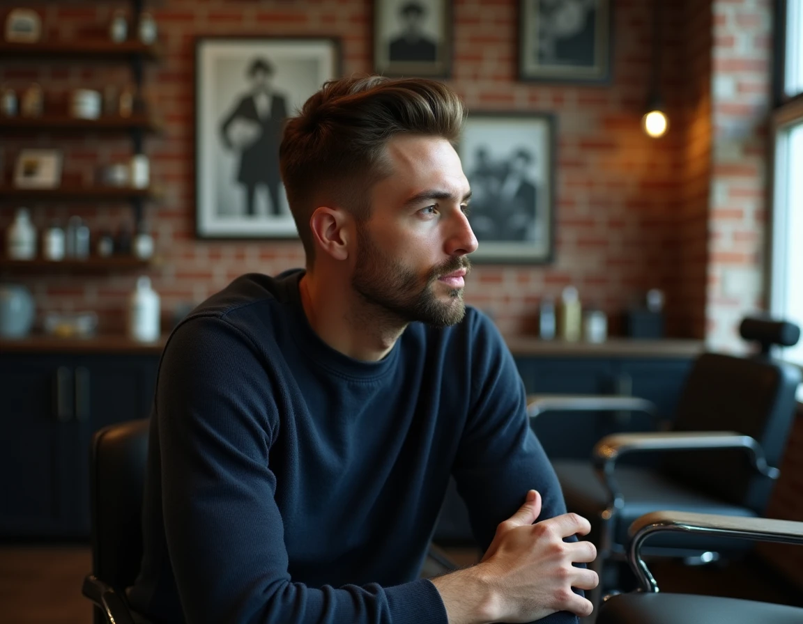 Homme de profil avec un nez aquilin prononcé dans un salon de coiffure urbain moderne