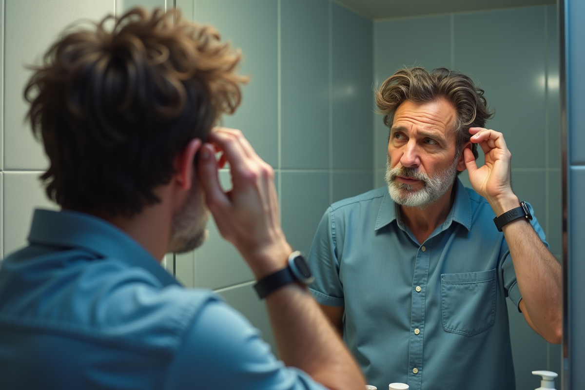 Homme regardant sa reflection en touchant ses cheveux frises