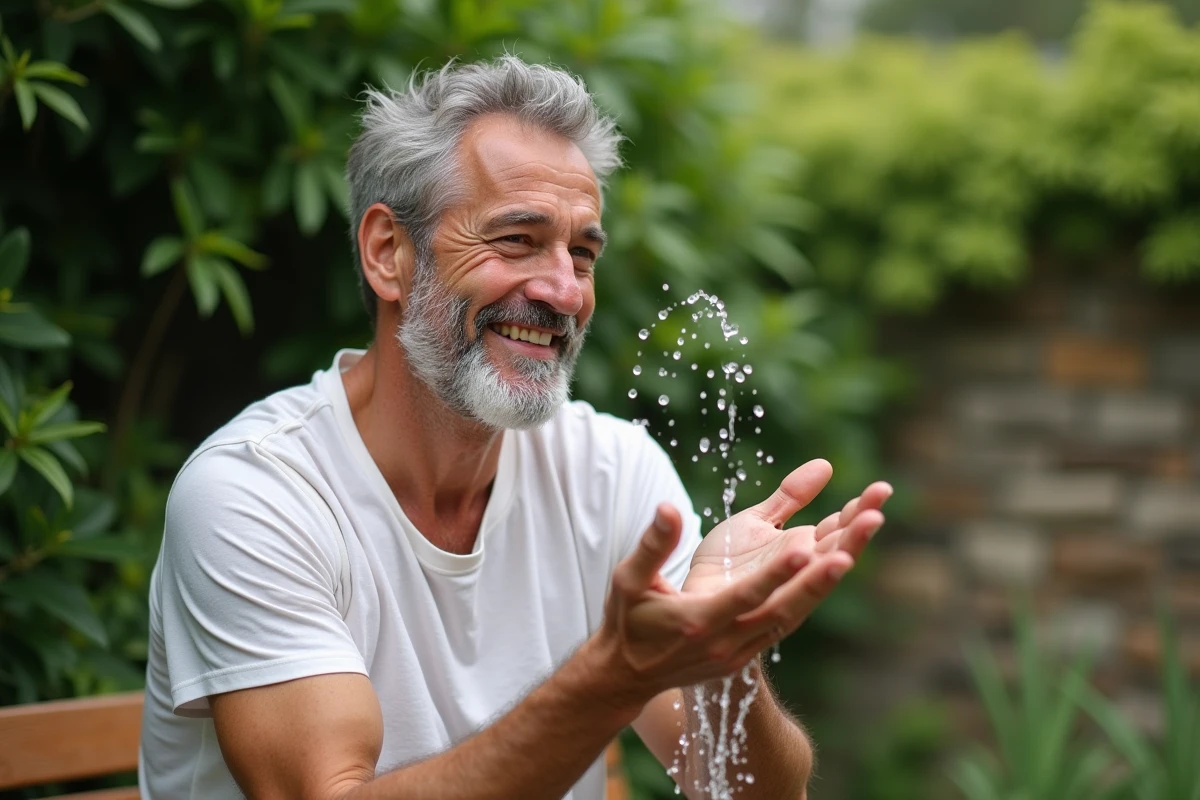 Homme rinçant son visage avec savon noir dans un jardin verdoyant
