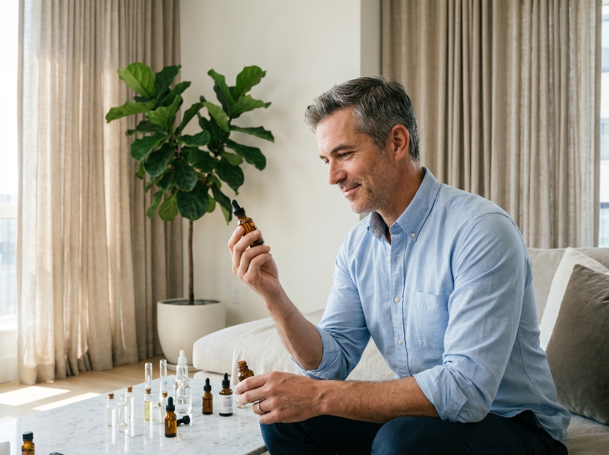 Homme examinant des flacons de serum dans un salon moderne