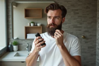 Homme avec barbe appliquant un produit de soin visage