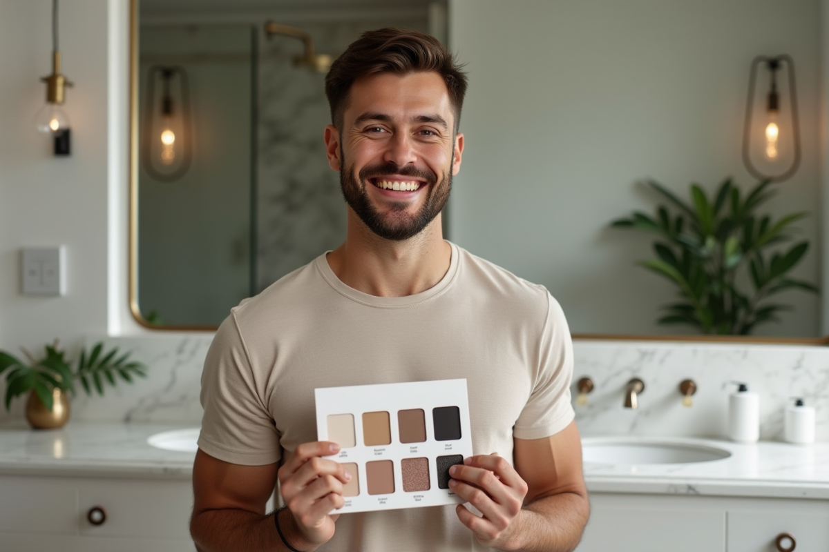 Homme souriant tenant une palette de maquillage dans une salle de bain