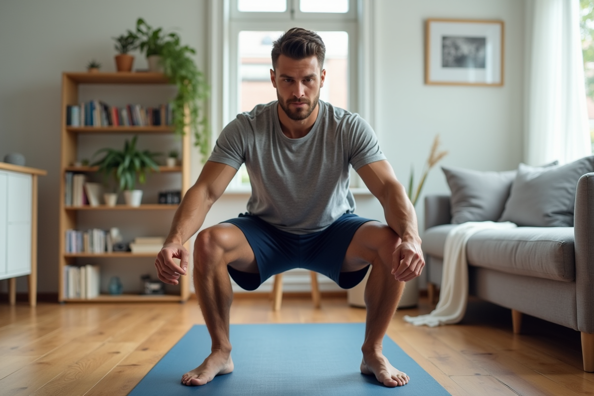 Homme faisant des squats dans un salon lumineux