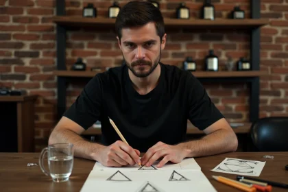 Homme dans un studio de tatouage étudiant des designs de triangle et valknut viking sur une feuille de référence posée sur une table en bois
