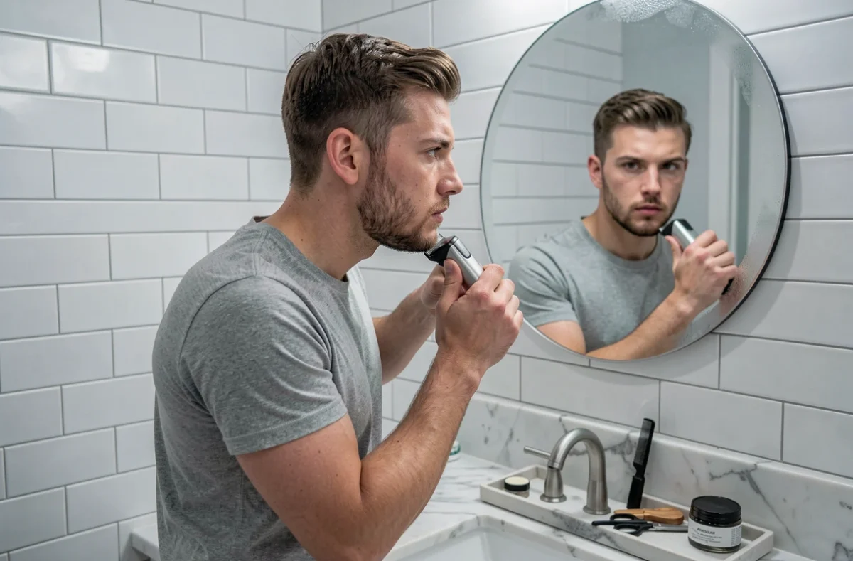 Jeune homme se taillant lui-même un bouc avec une tondeuse devant un miroir dans une salle de bain moderne