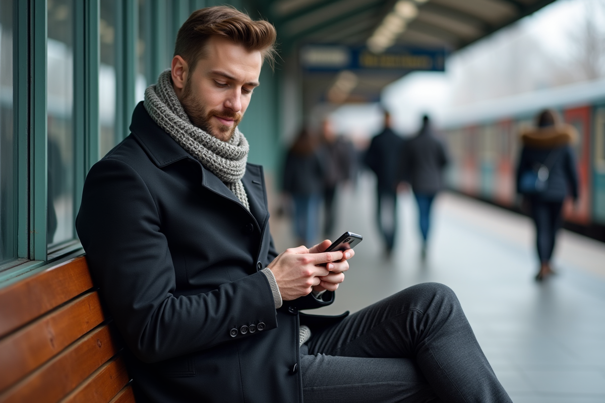 Homme en trench et écharpe assis en gare