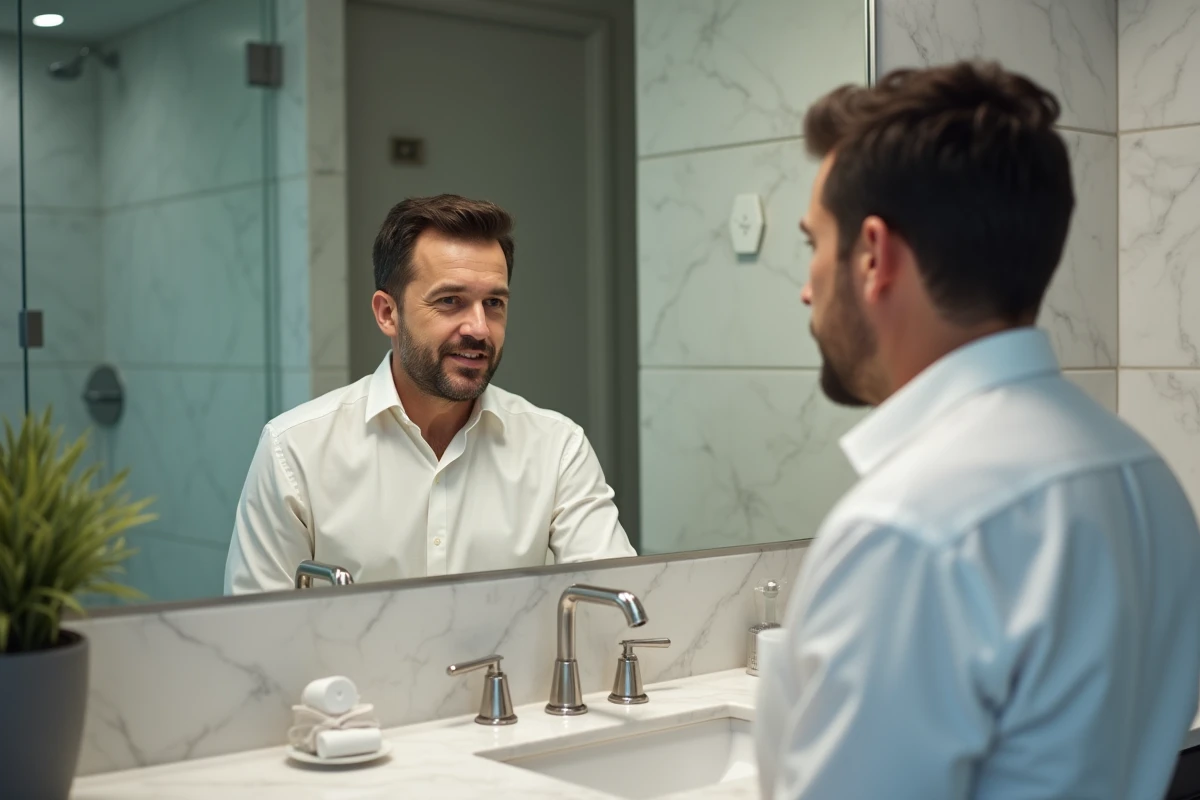 Homme regardant sa ligne de cheveux dans un miroir