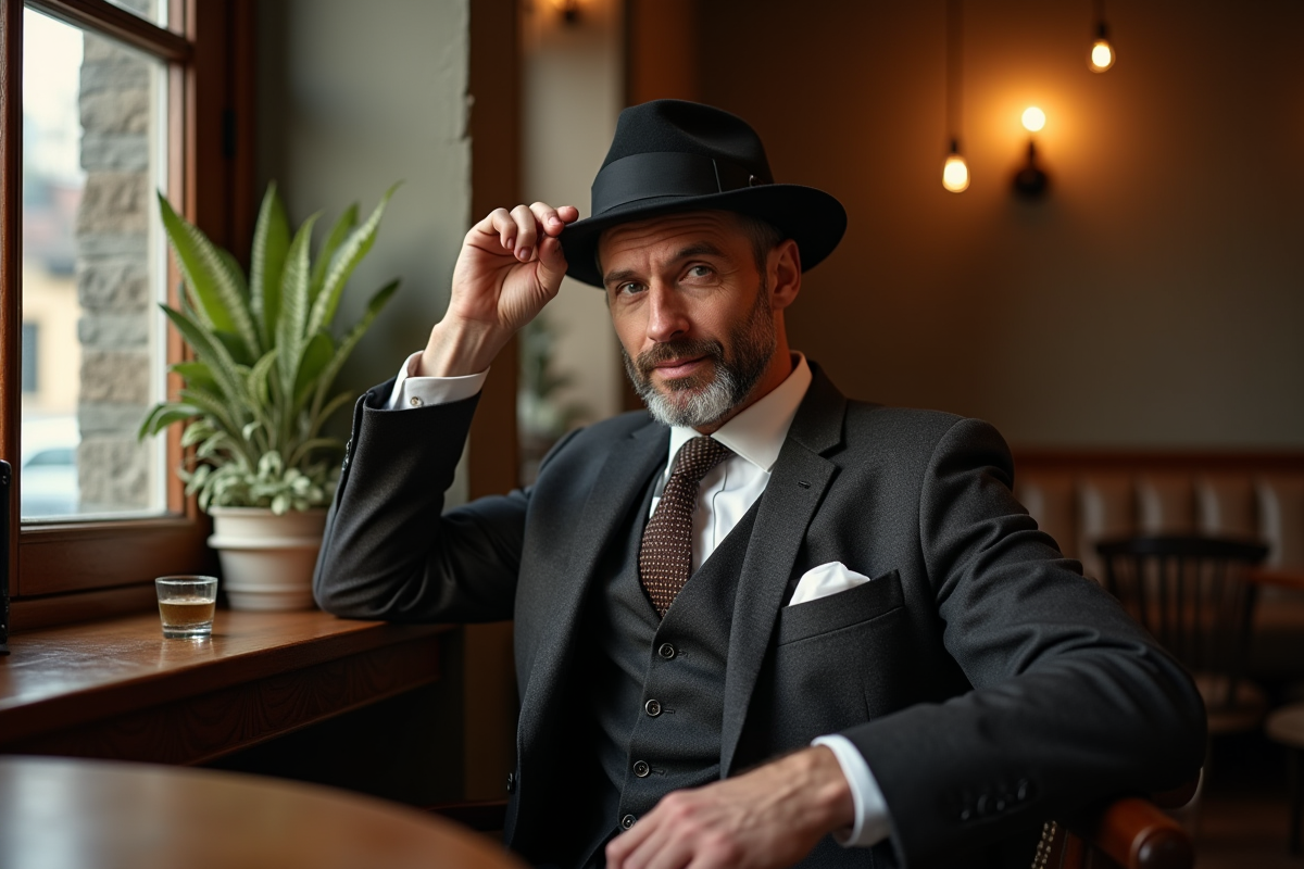 Homme en costume dans un café vintage portant un fedora élégant