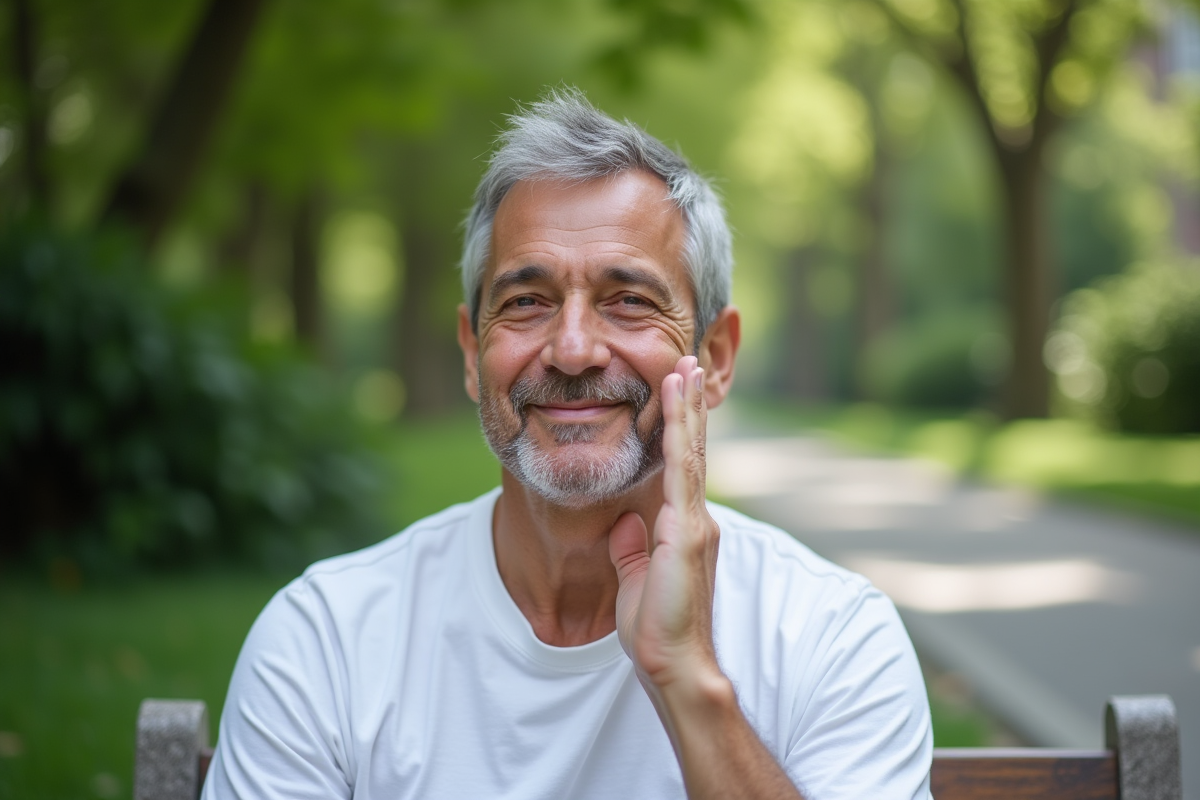 Homme faisant un exercice de yoga du visage en parc urbain