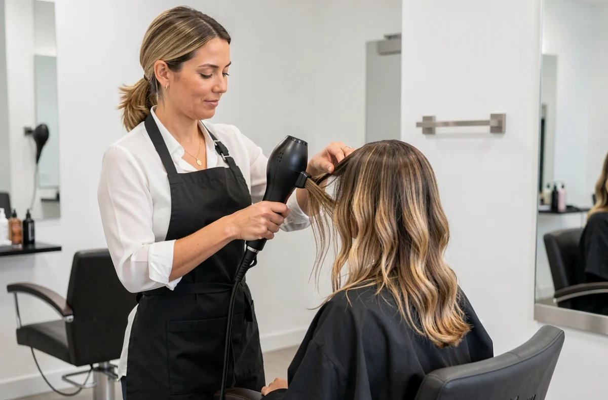 Coiffeuse professionnelle au salon Idoneo Hair Studio à La Rochelle en train de coiffer une cliente