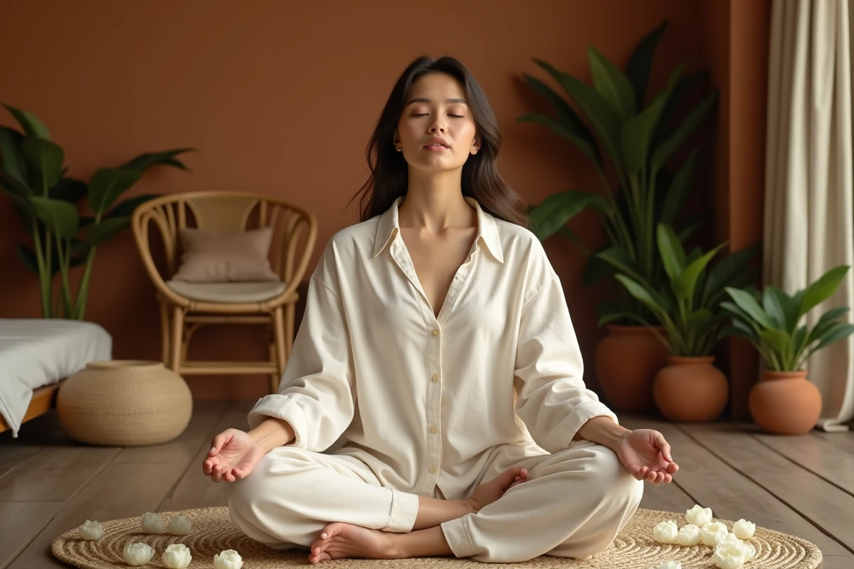 Femme en méditation entourée de fleurs de jasmin blanc dans un espace bien-être d'inspiration balinaise