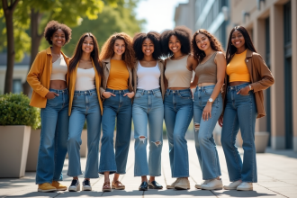 Groupe de jeunes adultes en jeans larges en ville