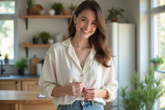 Jeune femme en cuisine portant un collier avec pierre de naissance