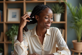 Jeune femme aux cheveux naturels se coiffant dans un intérieur cosy