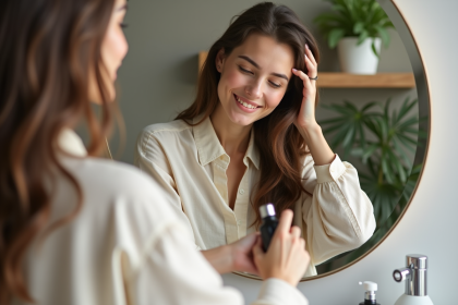 Jeune femme appliquant de l'huile capillaire dans un miroir