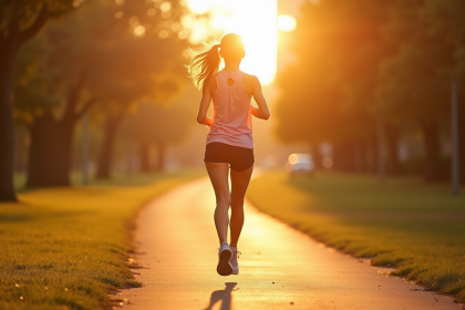 Jeune femme courant dans un parc ensoleille au coucher du soleil