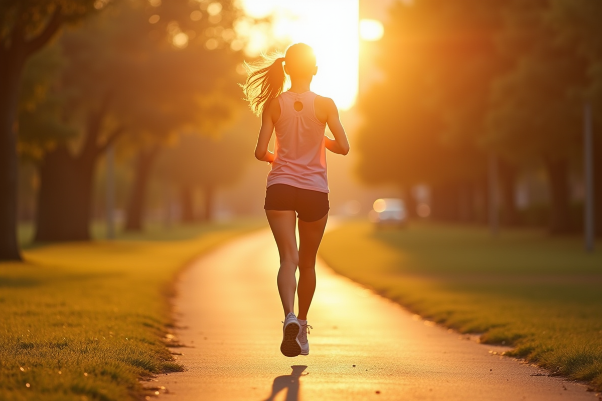 Jeune femme courant dans un parc ensoleille au coucher du soleil