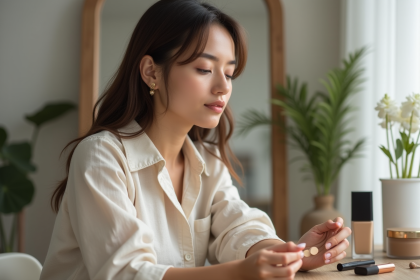 Jeune femme examinant des échantillons de fond de teint