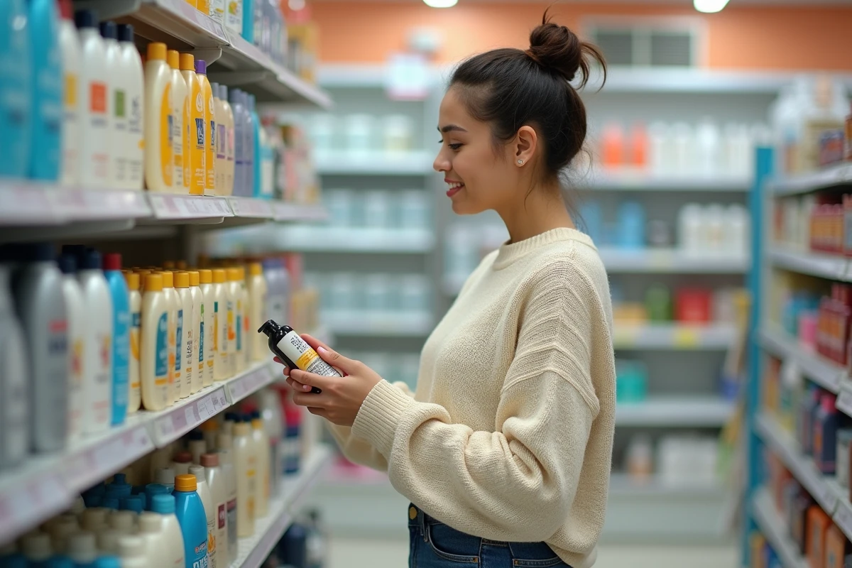 Jeune femme examinant des produits capillaires en magasin