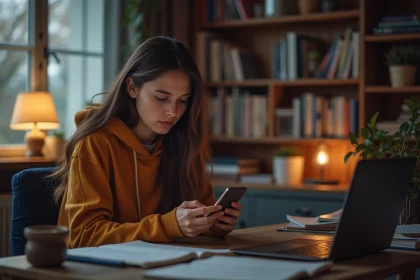 Jeune femme concentrée utilisant son smartphone à la maison