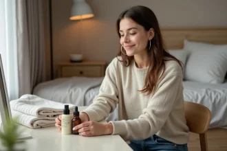 Jeune femme examine deux sérums dans sa chambre lumineuse