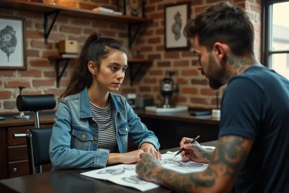 Jeune femme dans un studio de tatouage provincial attentivement