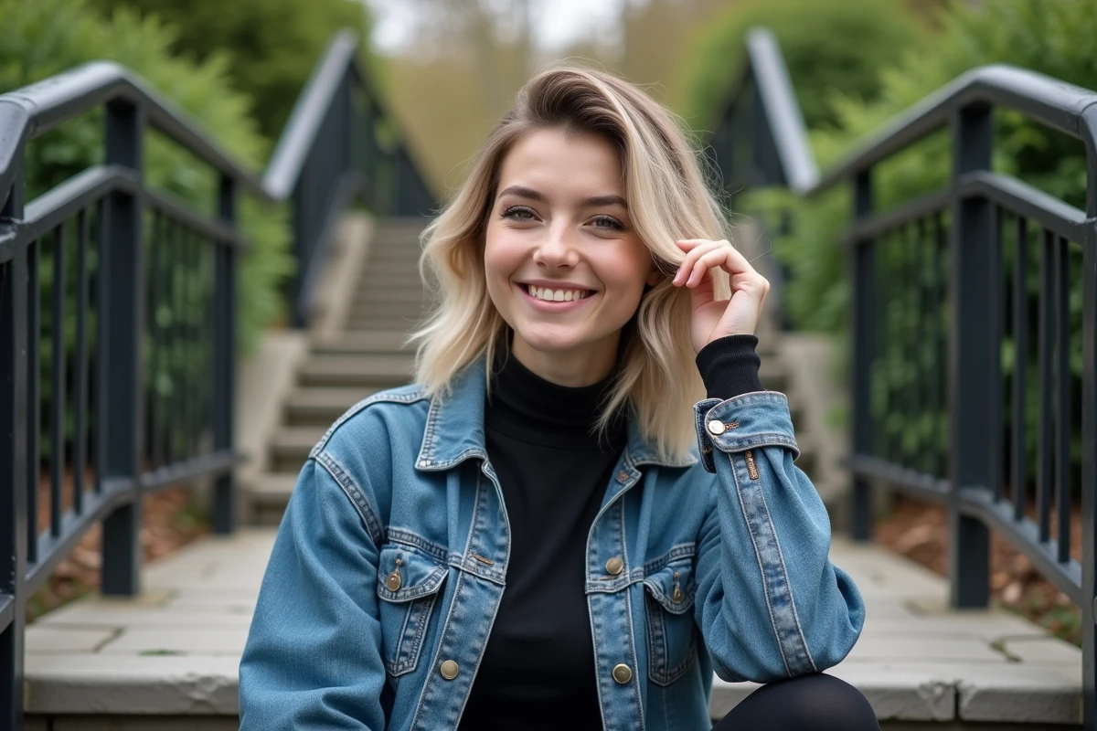 Jeune femme souriante sur des marches en ville