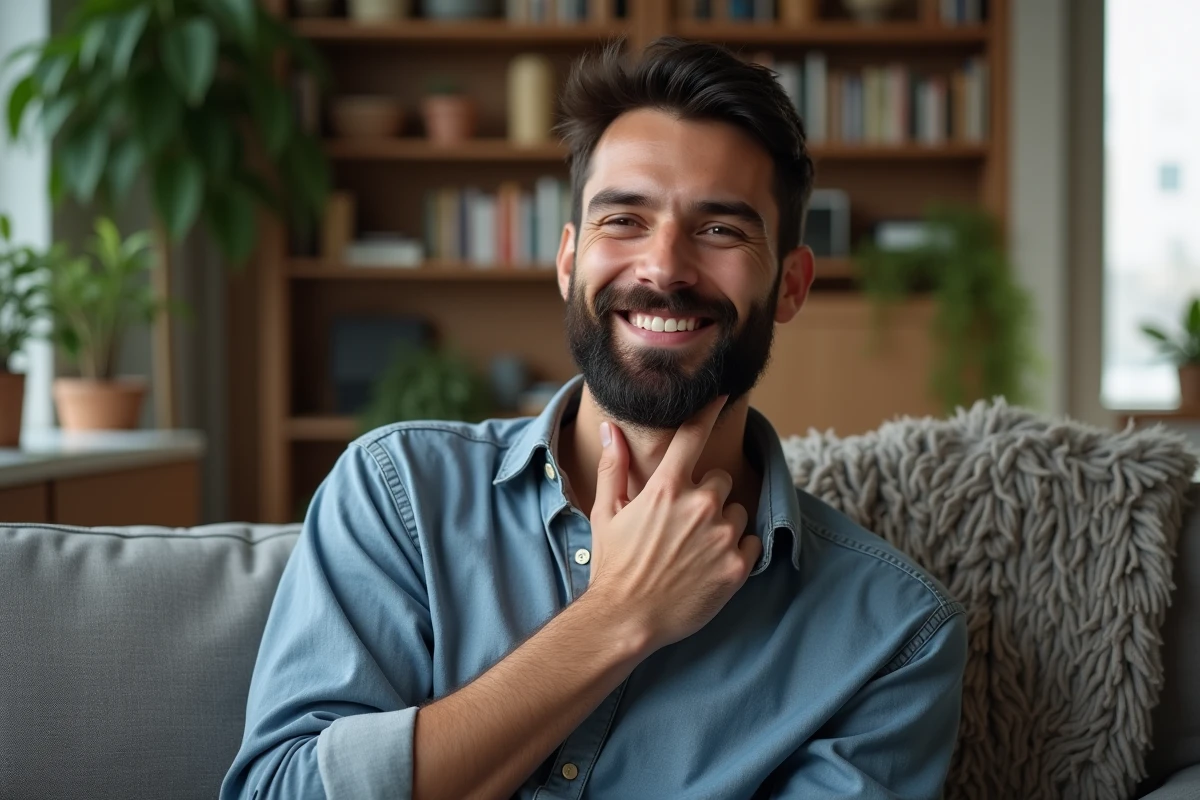 Jeune homme admire sa barbe dans un salon cosy