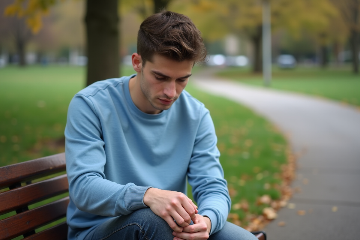 Jeune homme regardant une cicatrice sur son genou dans un parc en plein air