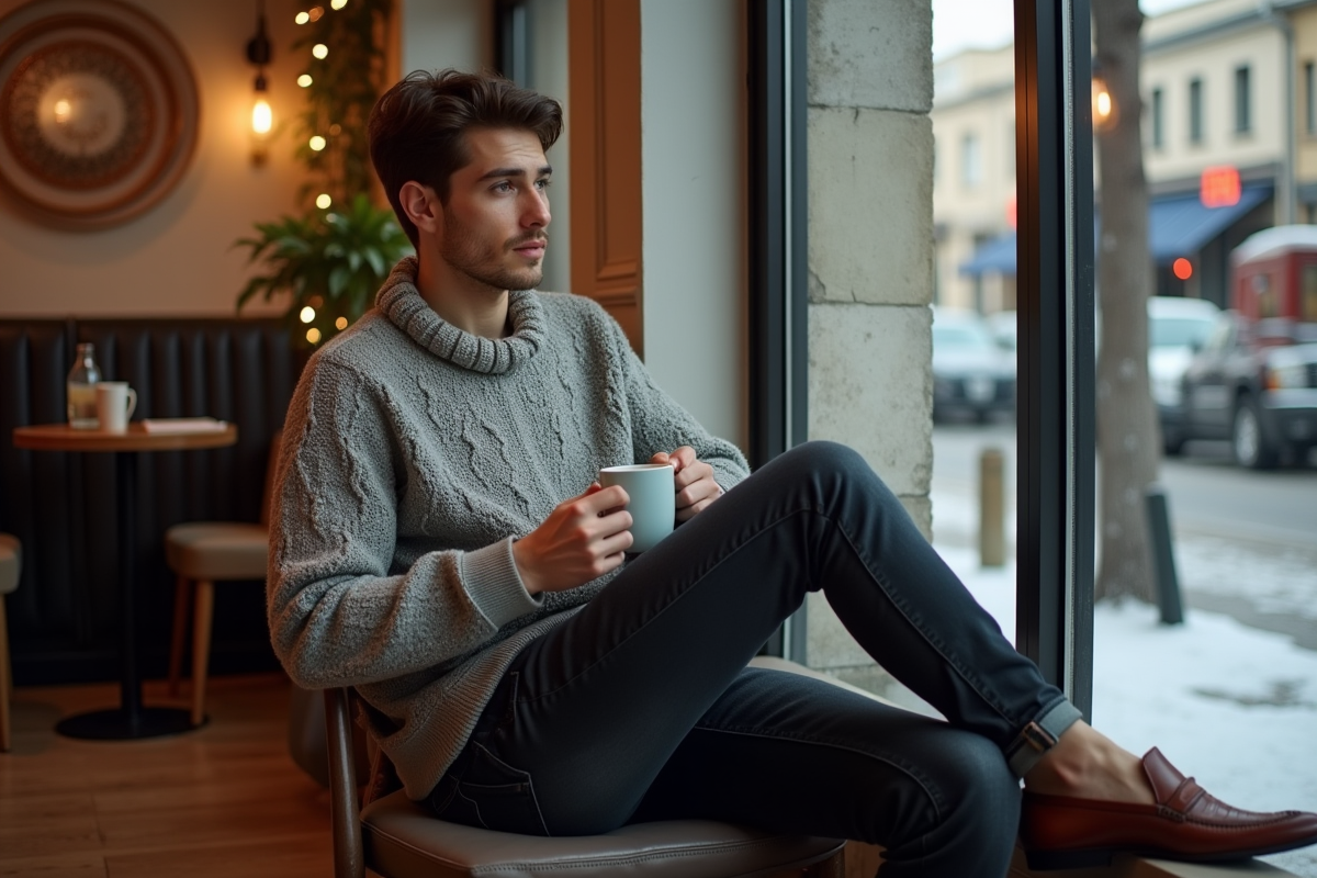 Jeune homme assis dans un café avec chaussures pointues