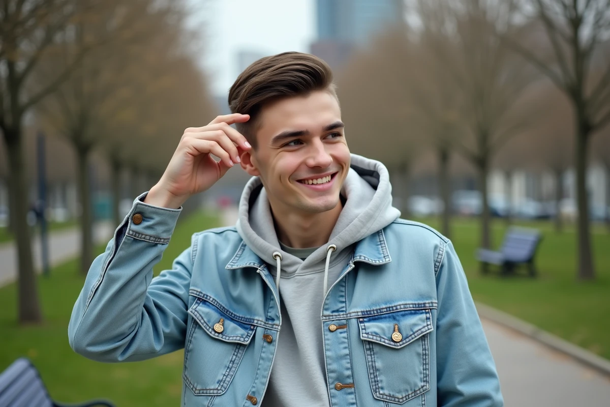 Jeune homme avec coupe cap style dans un parc urbain