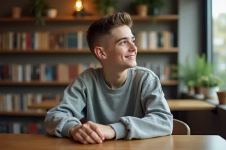 Jeune garçon avec coupe taper dans un café cosy