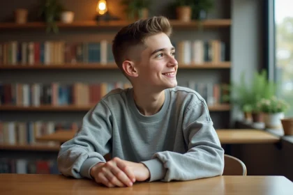 Jeune garçon avec coupe taper dans un café cosy