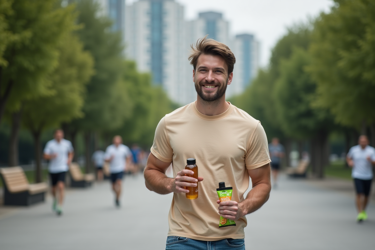 Jeune homme après jogging dans un parc urbain