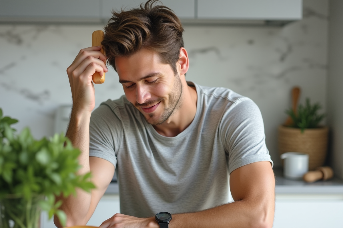 Jeune homme utilisant une brosse pour masser ses cheveux