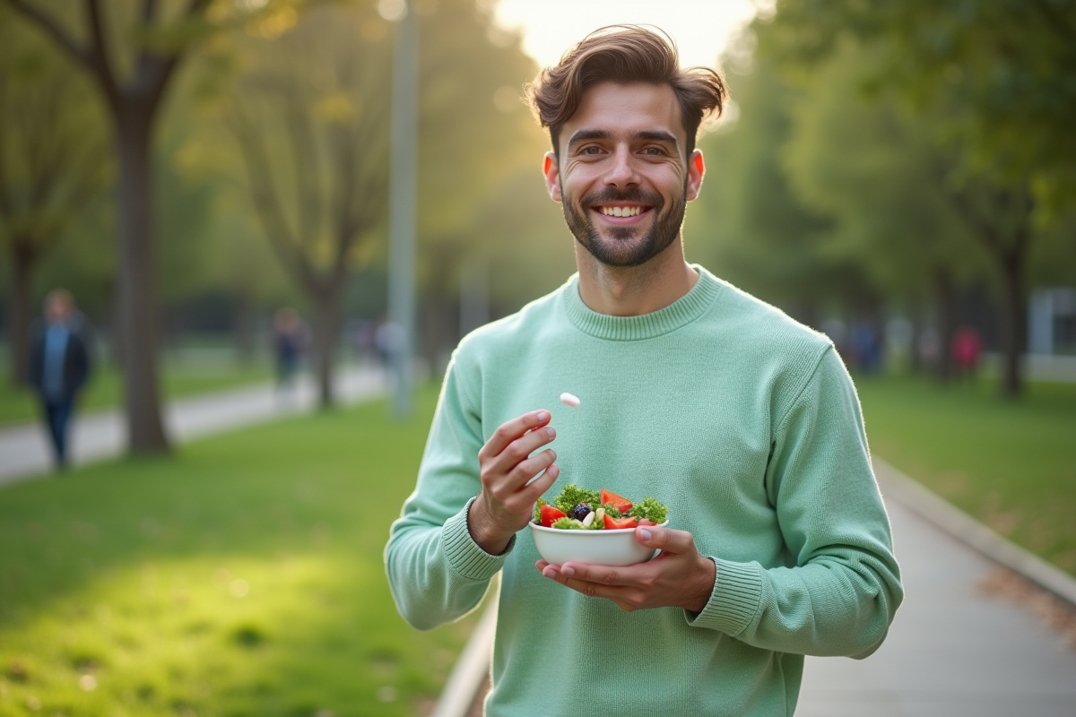 Jeune homme avec salade et supplément dans un parc