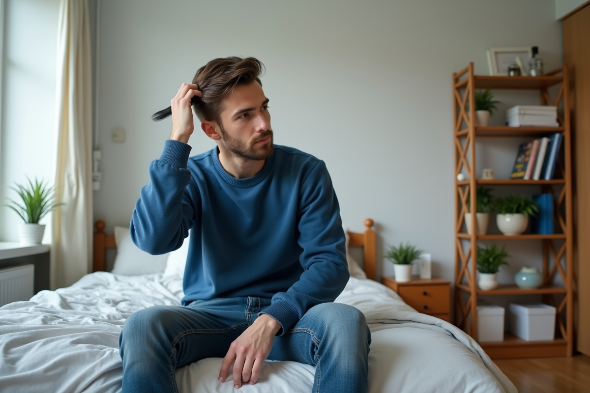 Jeune homme coiffant ses cheveux dans la chambre